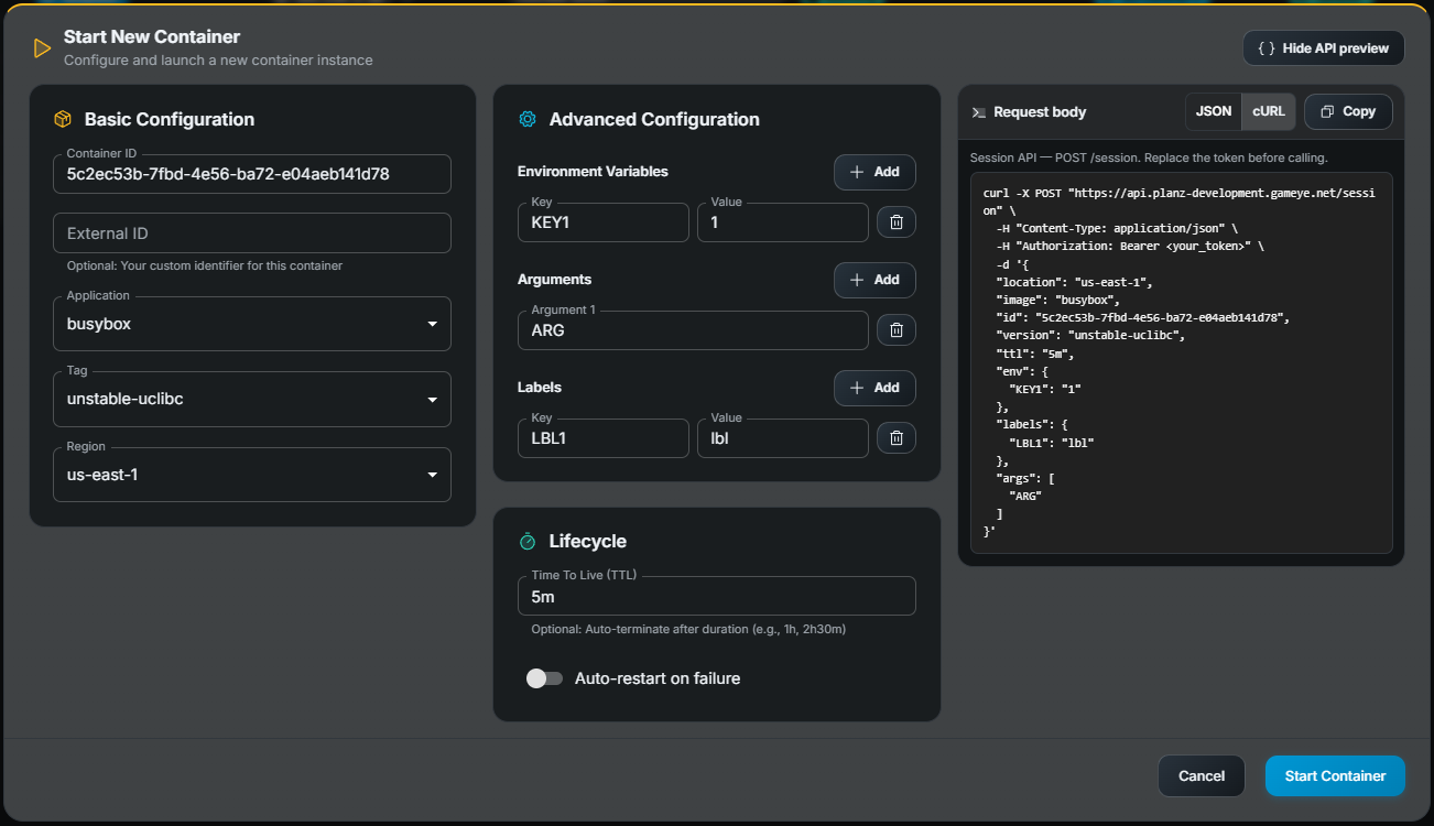 Gameye Admin — Start Container dialog